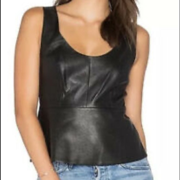 BCBG MaxAzria Cladiana Black Faux Leather Scoop Neck Peplum Tank Top - Picture 2 of 15